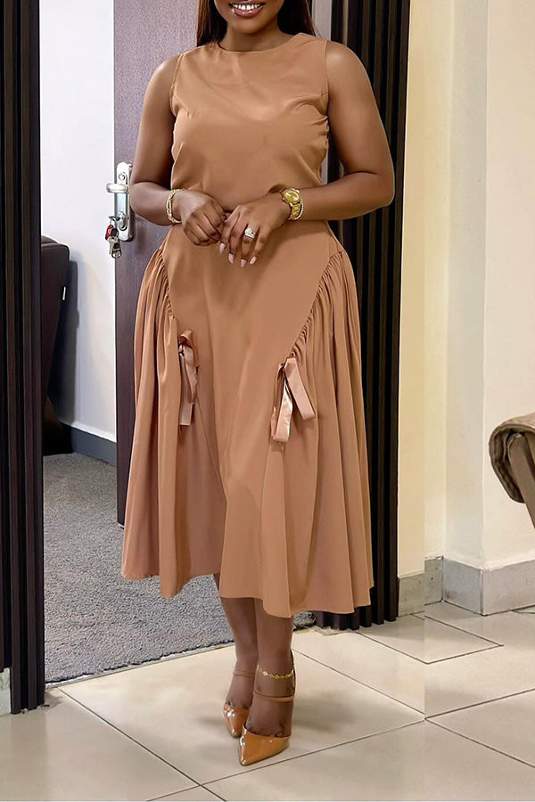 Stylish Elegant Solid Ruched Midi Dress Khaki