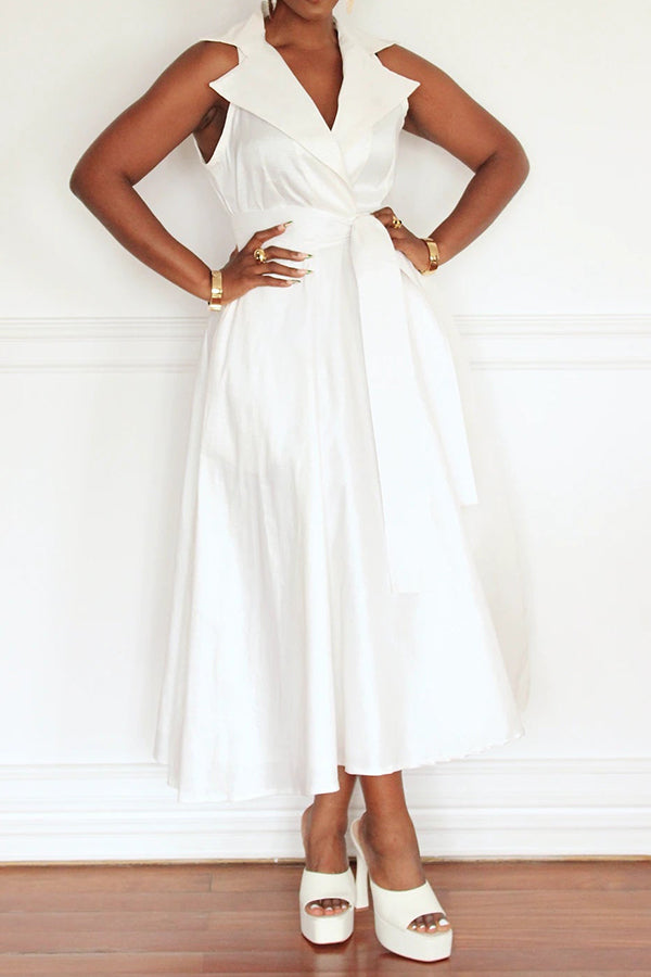 Stylish Lapel Neck Belt A-line Dress White