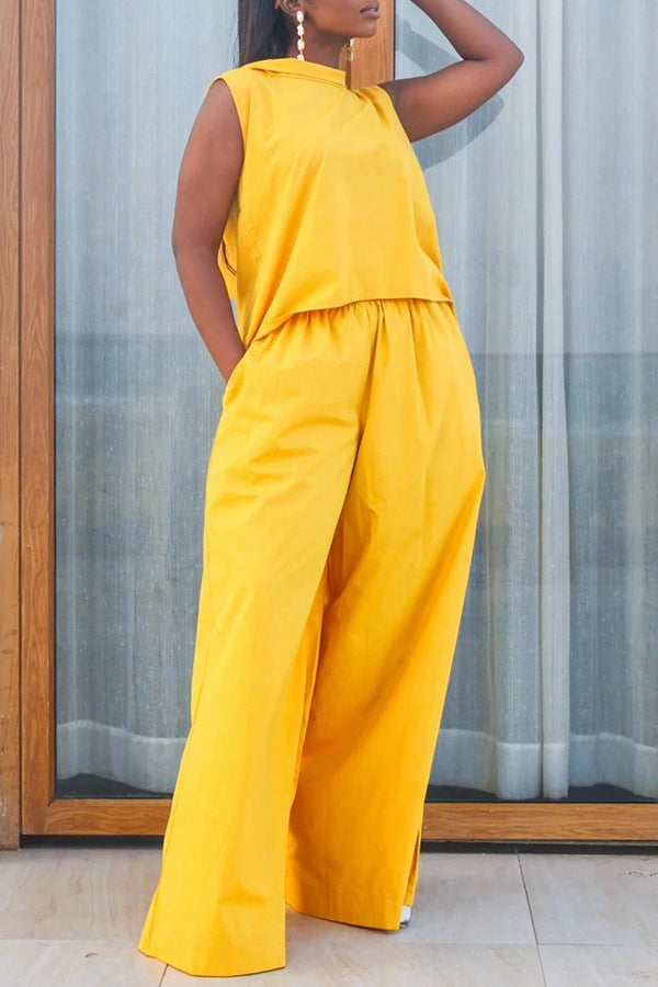 Tie Back Collar Top & Loose Pants Set Yellow