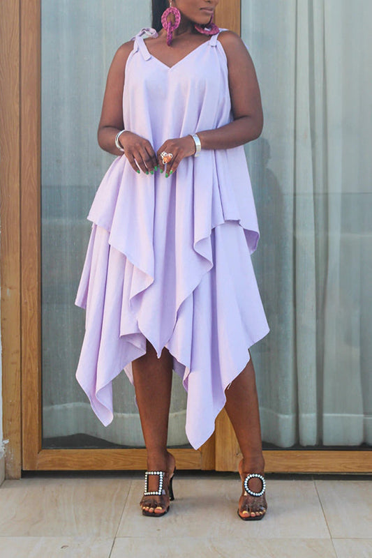 Tie Shoulder Loose Irregular Hem Dress Purple