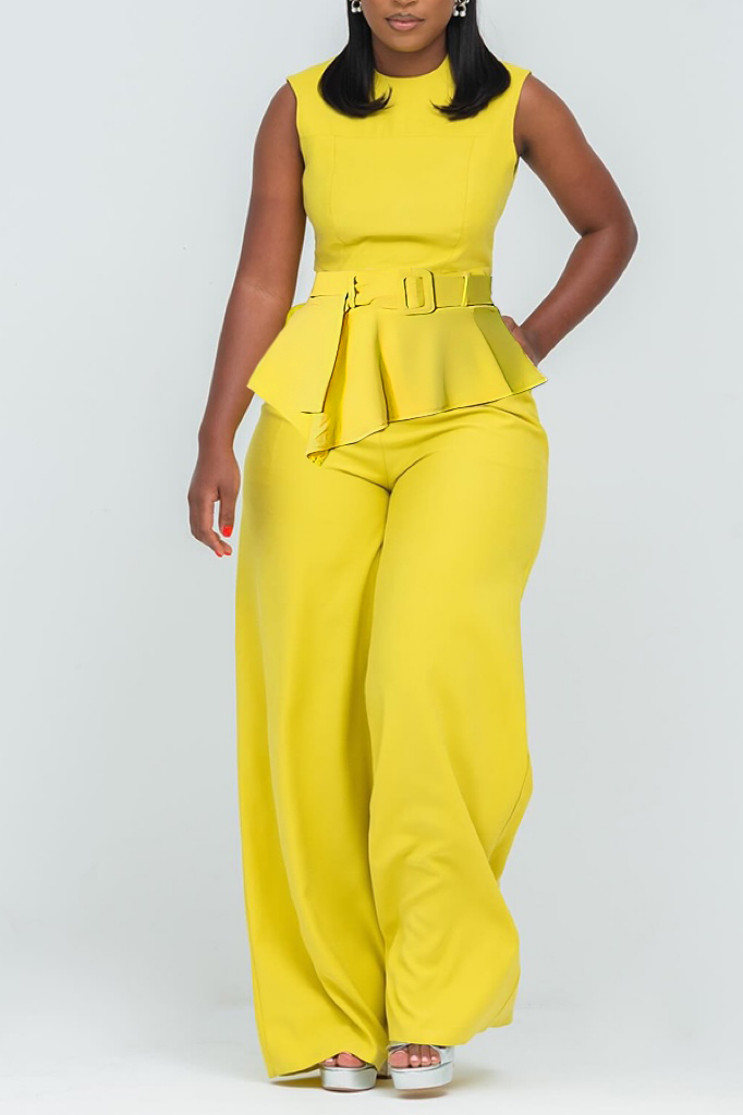 Fashionable Ruffled Sleeveless Solid Color Jumpsuit