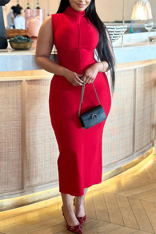 Mock Neck Slim Solid Stylish Midi Dress