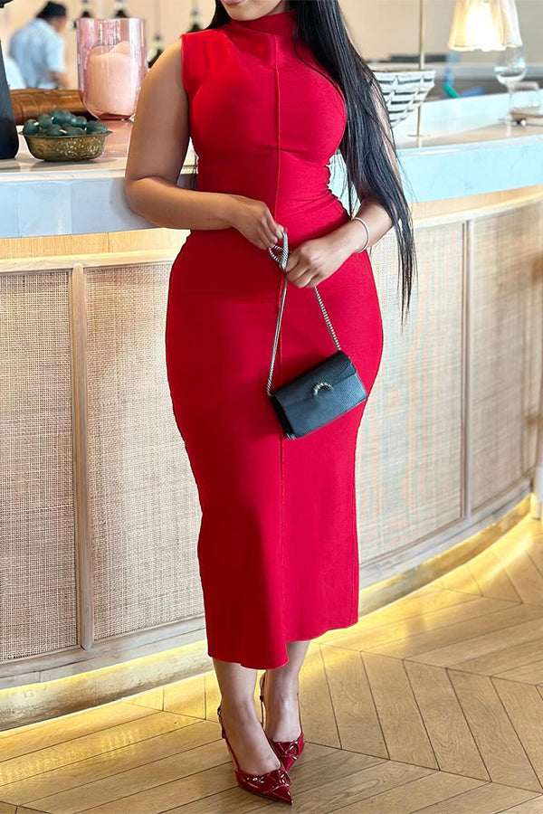 Mock Neck Slim Solid Stylish Midi Dress