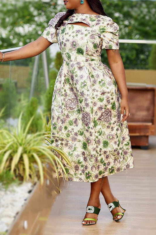 Keyhole Neck Botanical Print A-line Dress