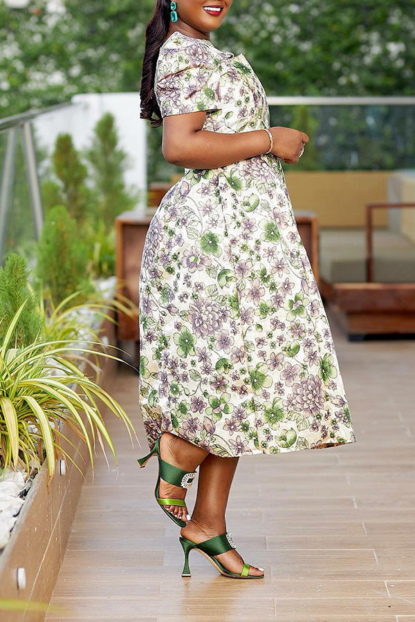 Keyhole Neck Botanical Print A-line Dress