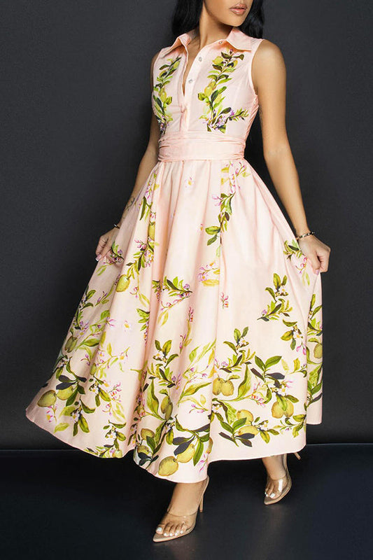 Elegant Lapel Botanical Print A-line Dress