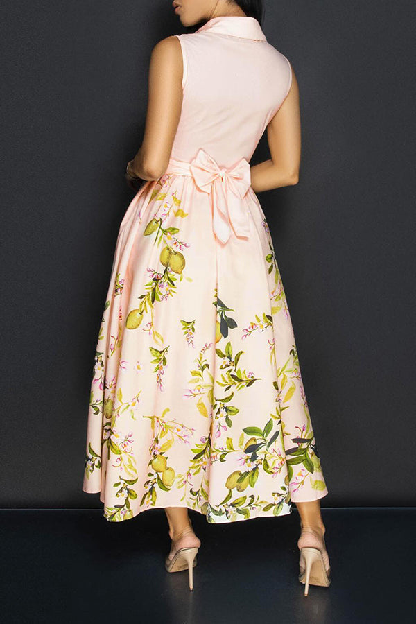 Elegant Lapel Botanical Print A-line Dress