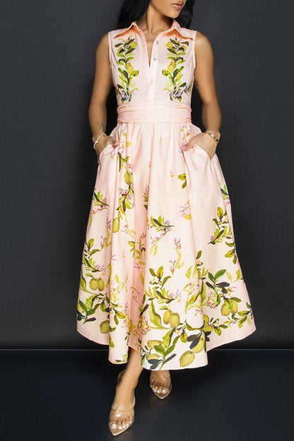 Elegant Lapel Botanical Print A-line Dress