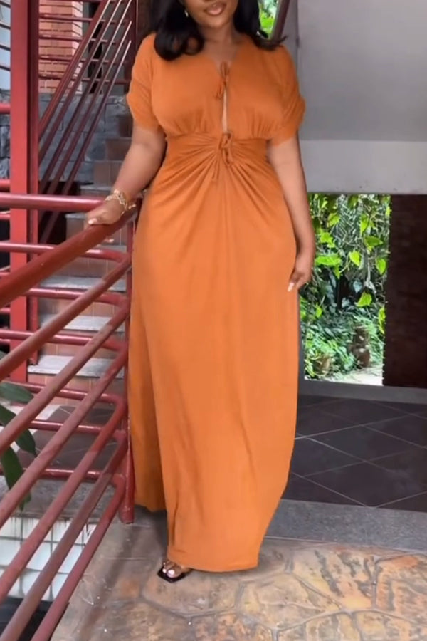 Stylish V-Neck Drawstring Runched Maxi Dress