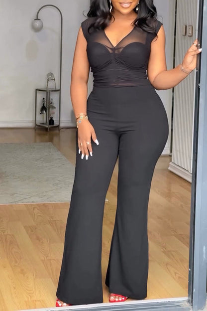 Stylish V-Neck Mesh Flare Jumpsuit