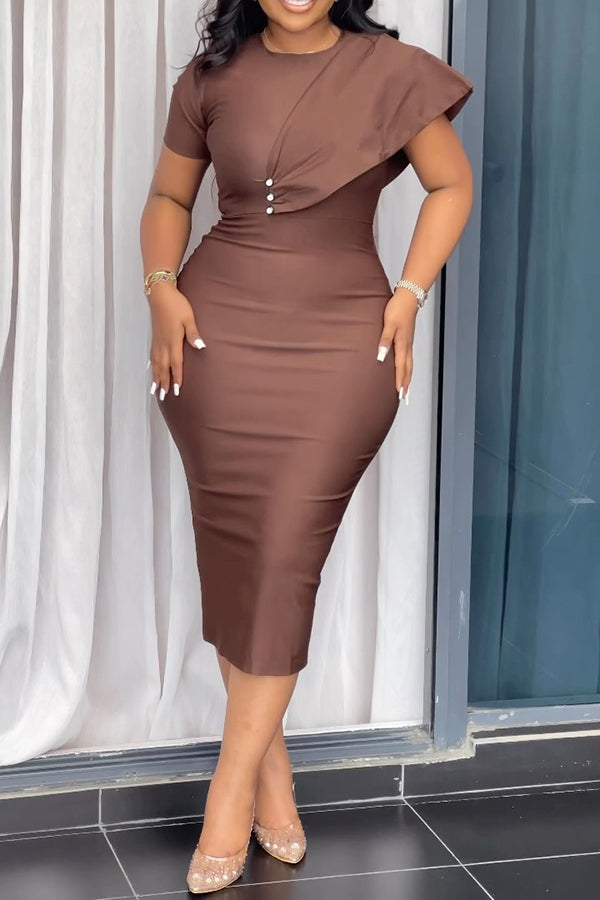 Elegant Slim Round Neck Breasted Midi Dress