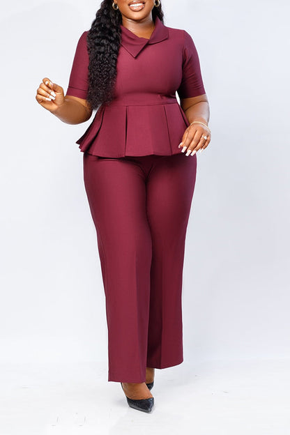 Elegant Lapel Ruched Hem Top & Pants Set