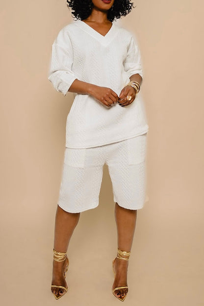 Casual Textured V Neck T-shirt & Shorts Set White