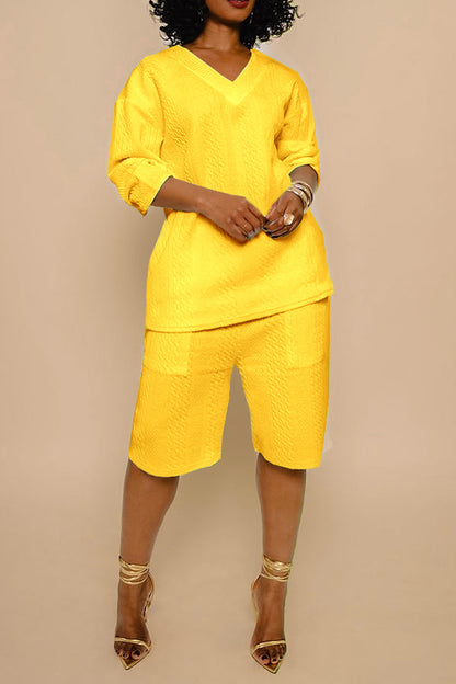 Casual Textured V Neck T-shirt & Shorts Set Yellow