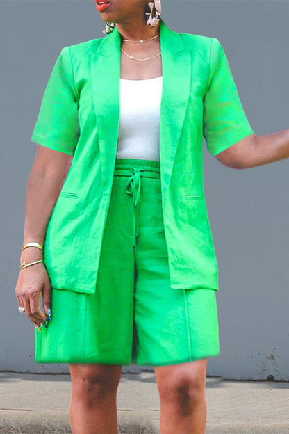 Casual Vest Short Sleeve Coat & Shorts Set Green