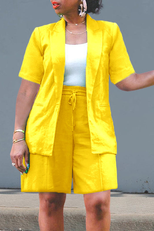 Casual Vest Short Sleeve Coat & Shorts Set Yellow