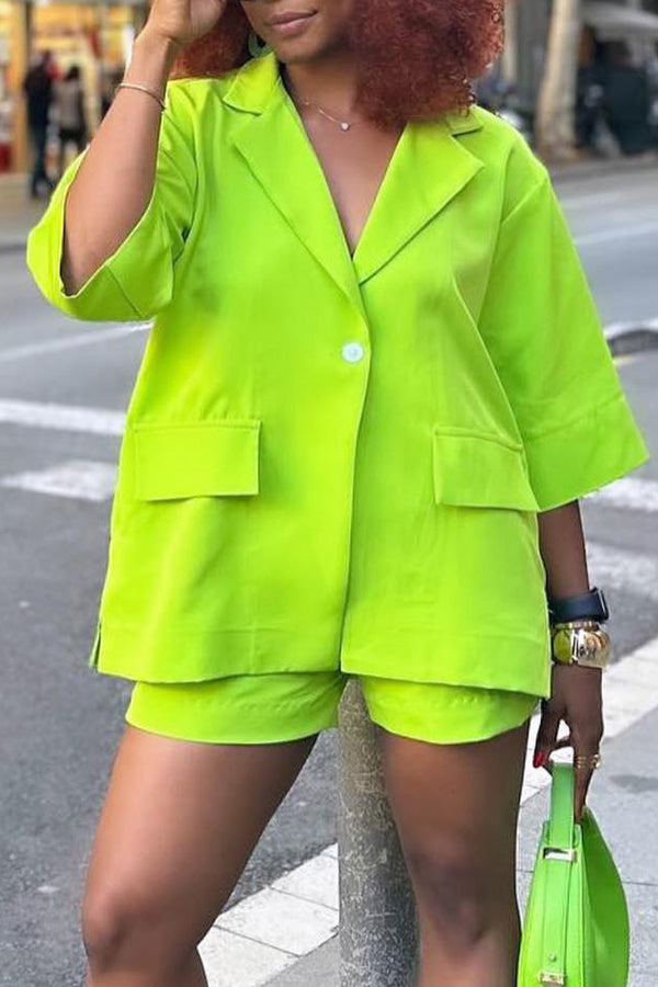 Loose Fluorescent Green Mid-Sleeve Blazer & Shorts Set Green