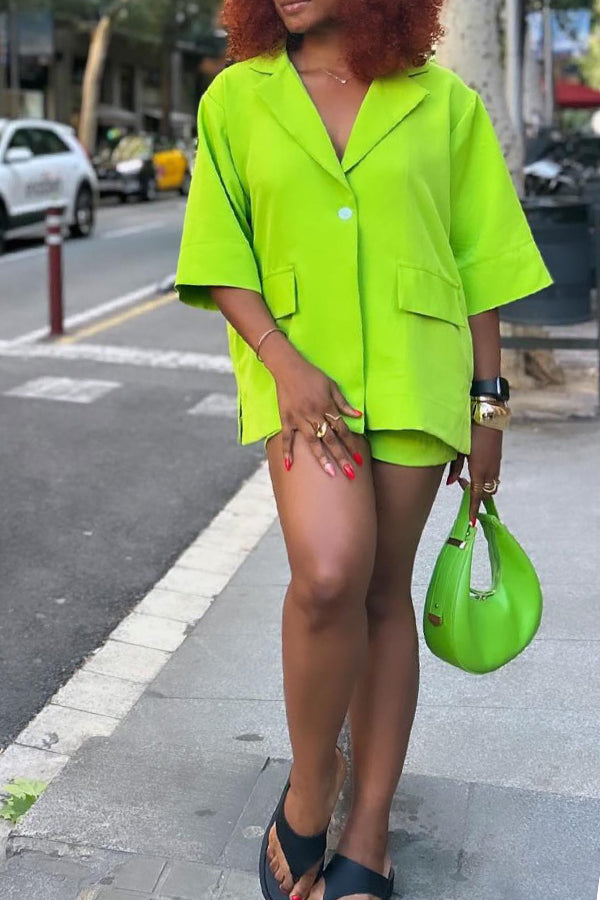 Loose Fluorescent Green Mid-Sleeve Blazer & Shorts Set