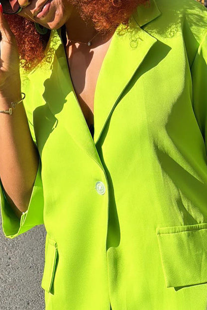 Loose Fluorescent Green Mid-Sleeve Blazer & Shorts Set