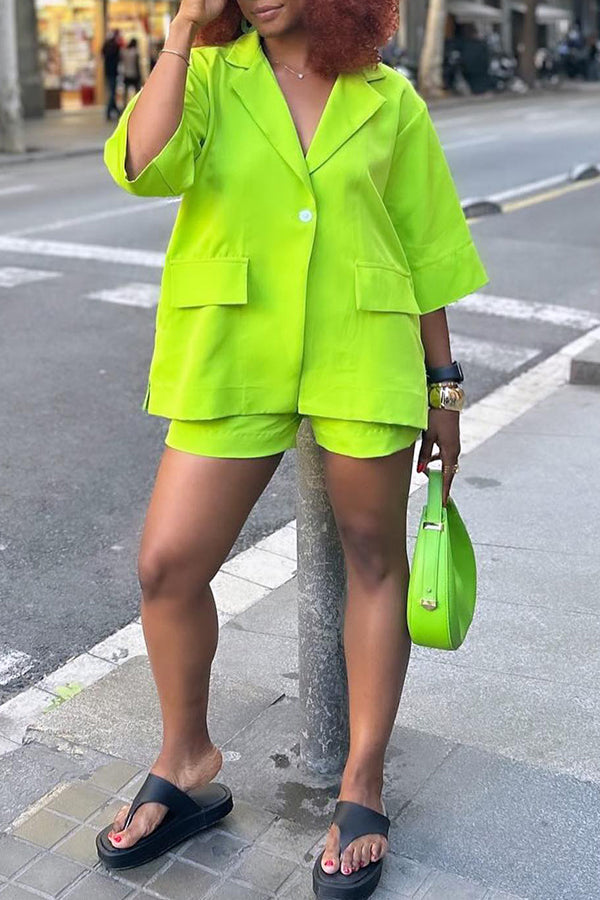 Loose Fluorescent Green Mid-Sleeve Blazer & Shorts Set