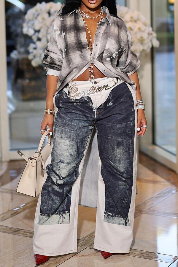 Stylish Distressed Illusion Print Wide Leg Jeans