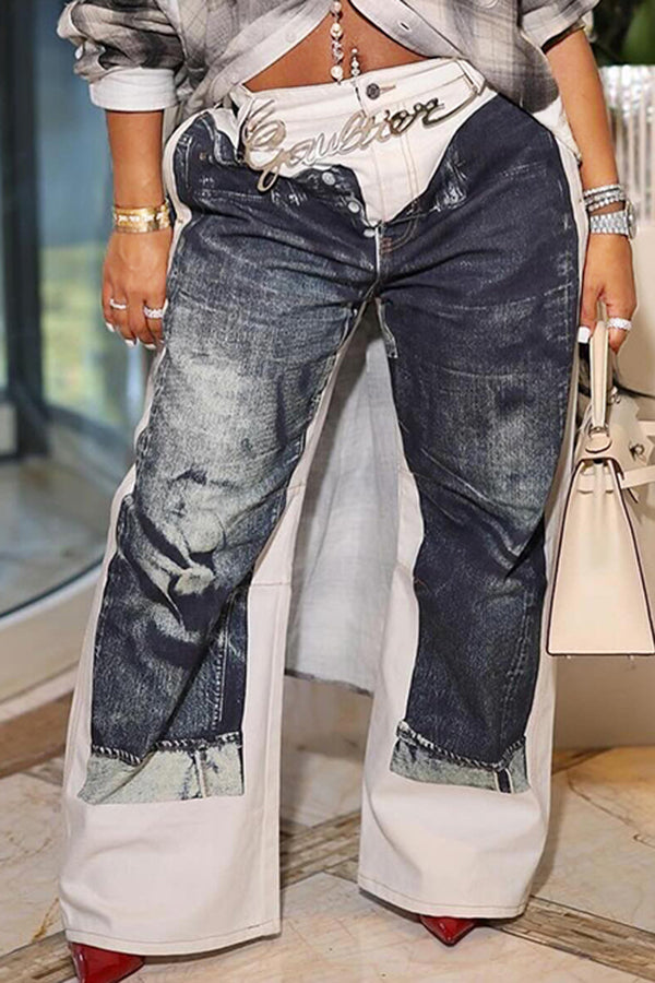 Stylish Distressed Illusion Print Wide Leg Jeans