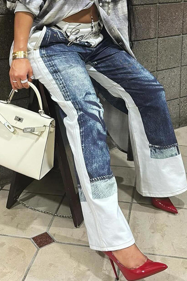 Stylish Distressed Illusion Print Wide Leg Jeans