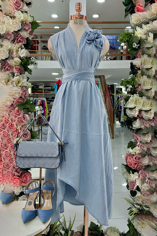 Elegant V-Neck Three-Dimensional Floral Denim Dress