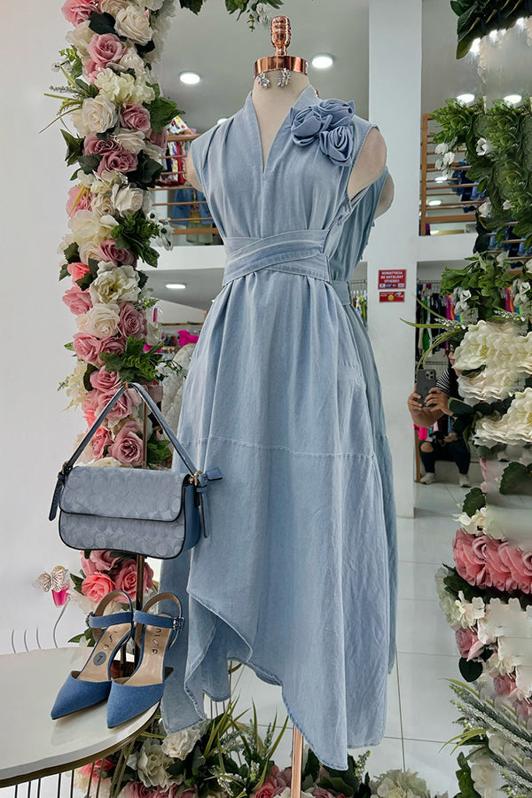 Elegant V-Neck Three-Dimensional Floral Denim Dress