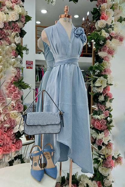 Elegant V-Neck Three-Dimensional Floral Denim Dress