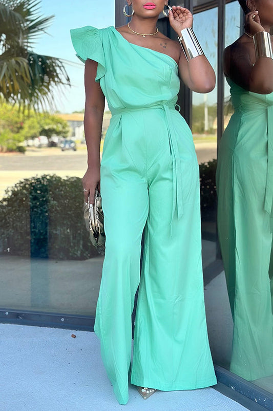 One-Shoulder Ruffled Lace-Up Wide-Leg Jumpsuit