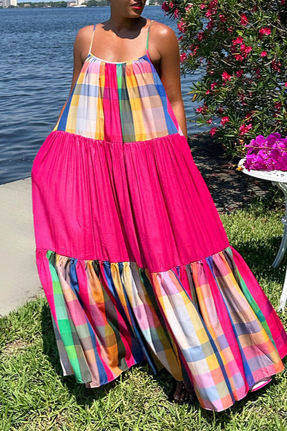 Vacation Suspender Colorful Plaid Splicing Large Skirt Dress