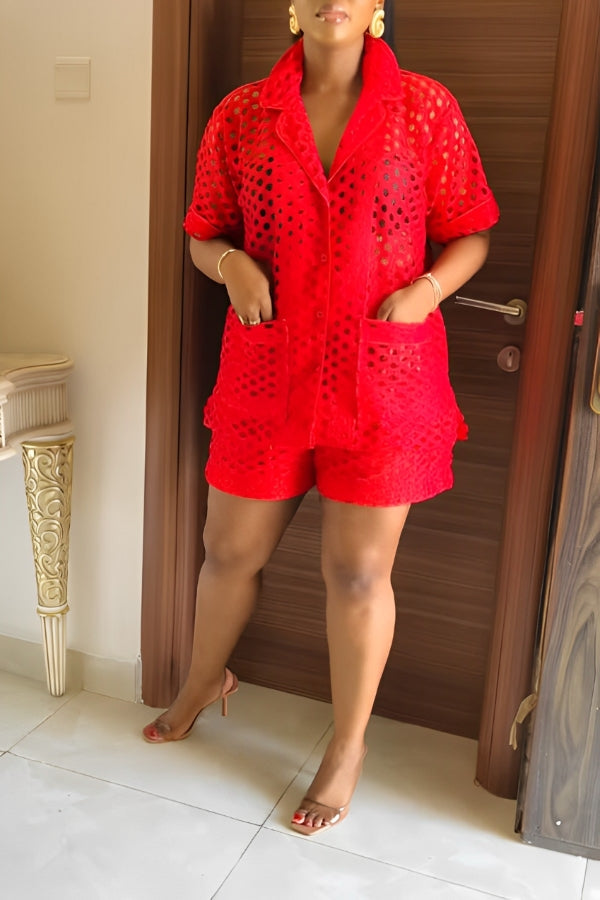 Casual Hollow Crochet Shirt & Shorts Set