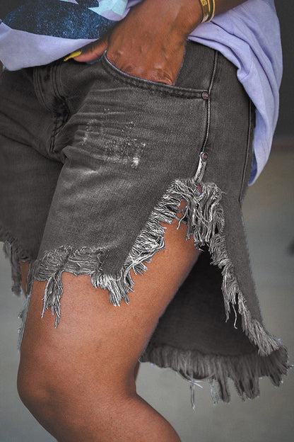 Fashionable Irregular Fringed Hem Denim Shorts