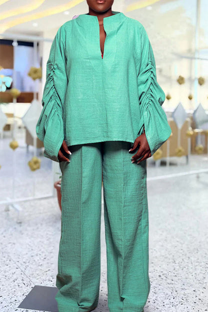 Elegant Pleated Puff Shirt & Pants Set