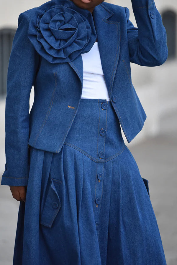 Chic Button Up Pleated Denim Skirt