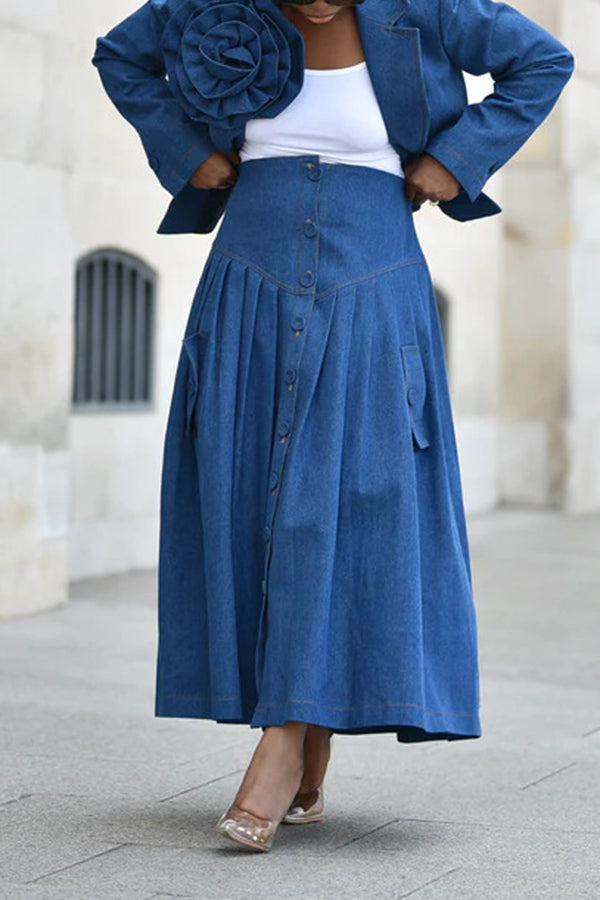 Chic Button Up Pleated Denim Skirt