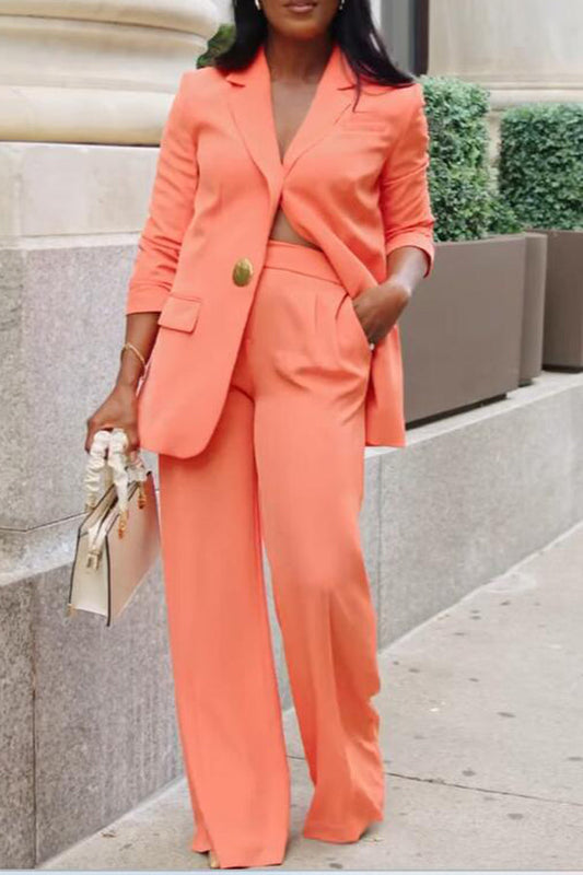 Commuting Orange Blazer & Wide-leg Pants Set