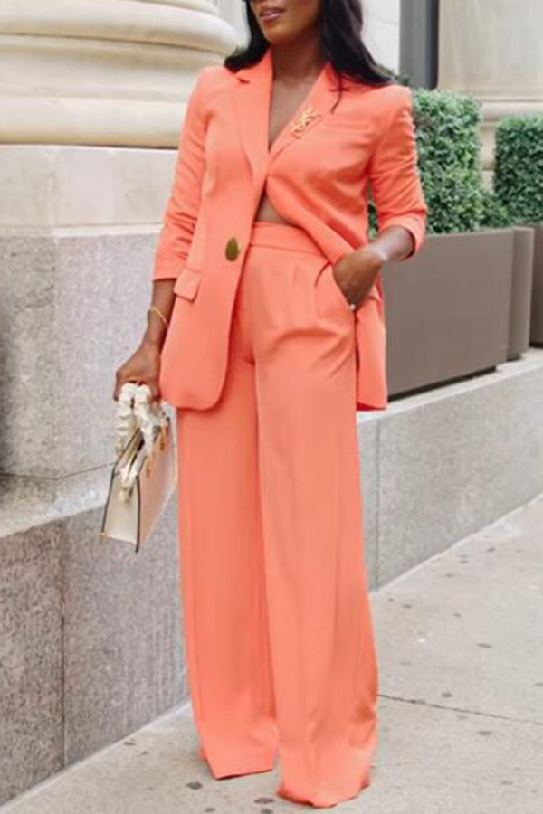 Commuting Orange Blazer & Wide-leg Pants Set