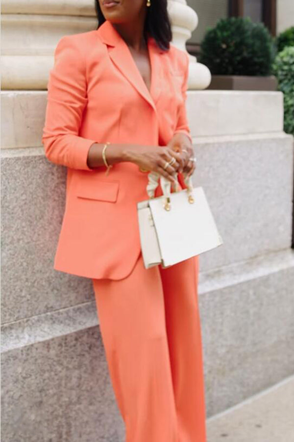 Commuting Orange Blazer & Wide-leg Pants Set