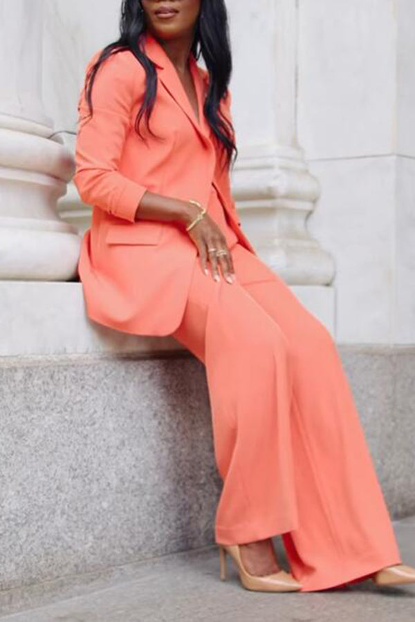 Commuting Orange Blazer & Wide-leg Pants Set