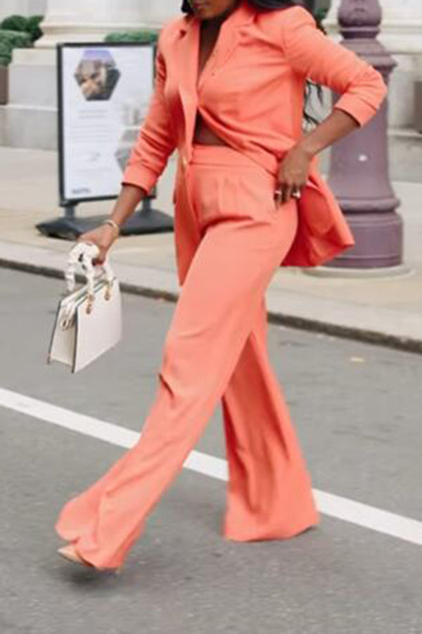 Commuting Orange Blazer & Wide-leg Pants Set