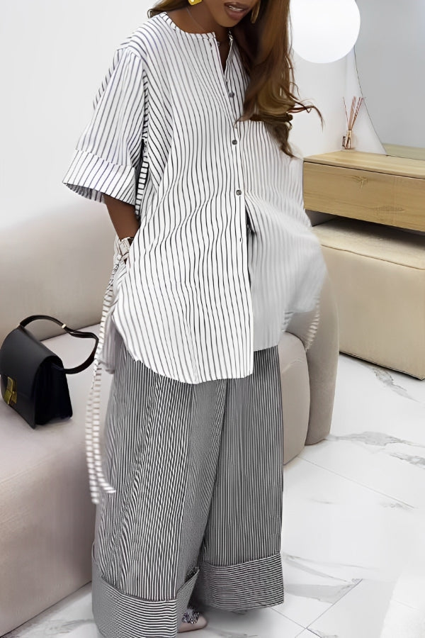 Striped Single Breasted Top & Straight Pants Set