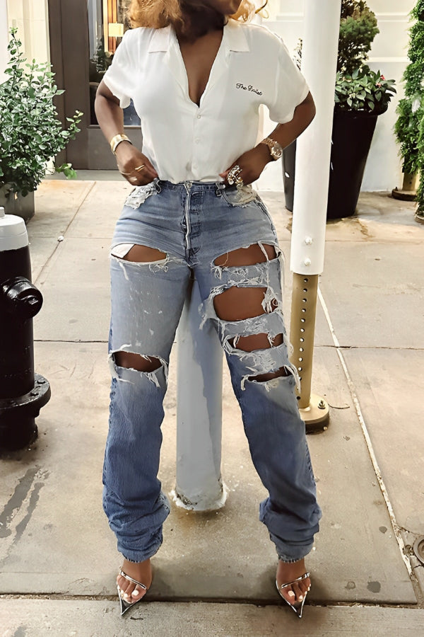 Stylish Personality Ripped Stacked Jeans