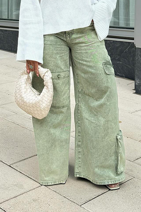 Stylish Multi-pocket Green Acid Wash Jeans