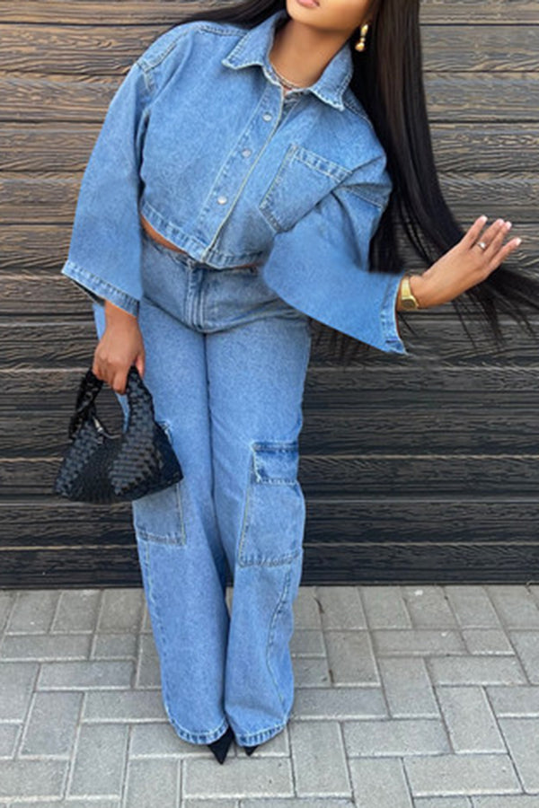 Casual Loose Denim Jacket & Pants Set