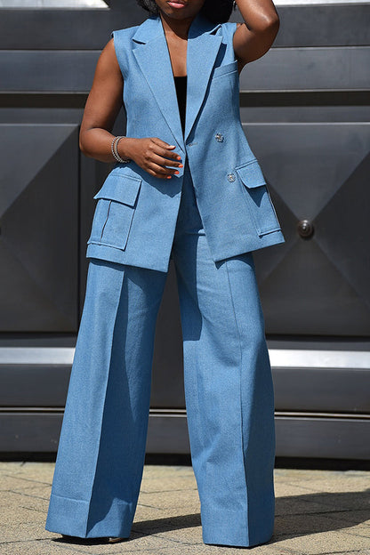 Chic Denim Lapel Vest & Wide-legs Pant Set