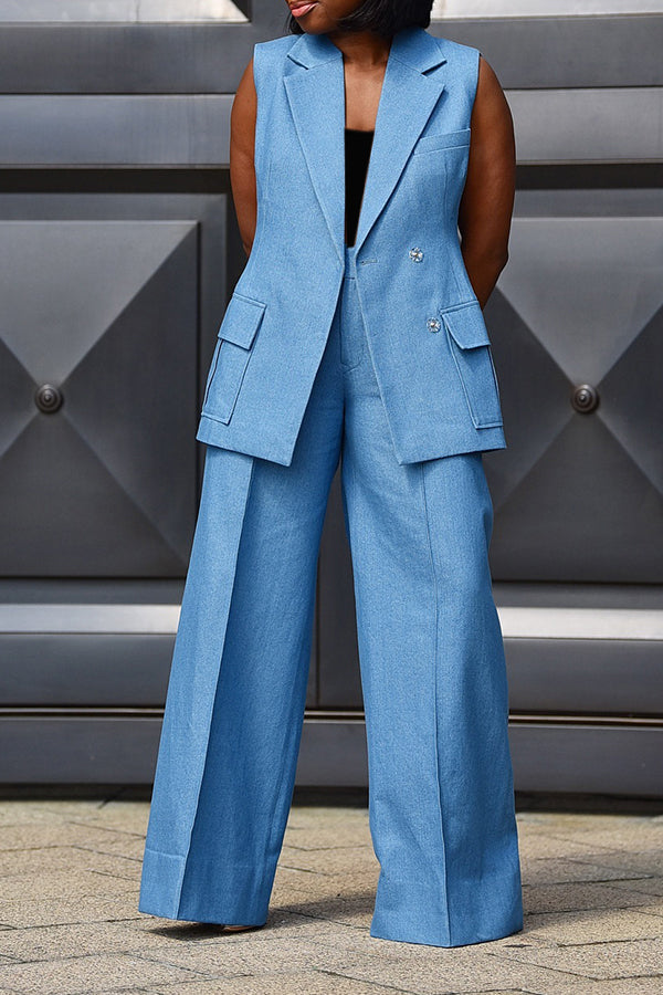 Chic Denim Lapel Vest & Wide-legs Pant Set