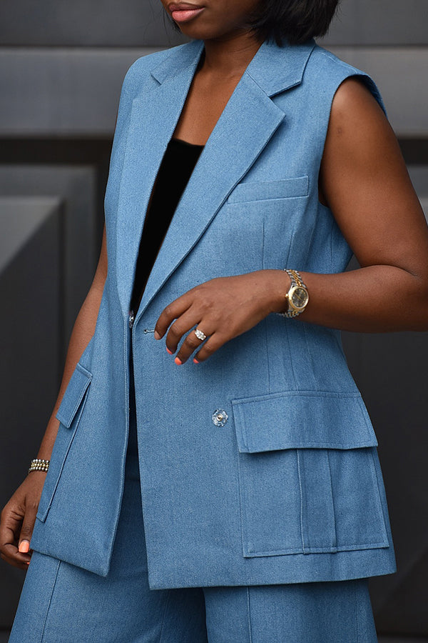 Chic Denim Lapel Vest & Wide-legs Pant Set