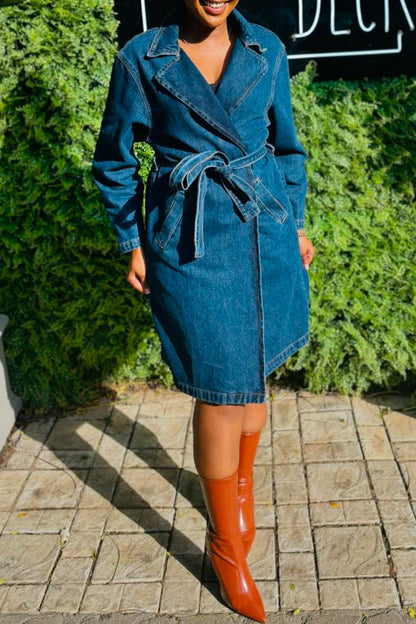 Stylish Lapel Neck Mid-length Denim Jacket